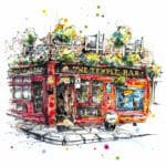 A poured painting of The Temple Bar pub in Dublin by Kathryn Callaghan. The print of this painting is titled 'Temple Bar, Dublin'.